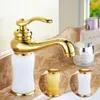 Robinets d'évier de salle de bain robinets de bassin en marbre Jade jaune / blanc européen et mélangeur froid papeur cuivre cuivre plaqué style lavage