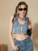 Gilet pour femmes Wsevypo rétro Summer Blue Denim For Women Fashion Sans manches Col de remin-down zipped Cropped Tops Tops Street