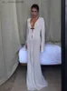 Robes décontractées de base Hirigin Femmes sexy DP V Robe de crochet de cou y2k S à travers une robe longue plage coupée longue slve longue robe blanche t240412