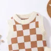 Shorts Newborn Baby Boys Girls Two Pieces Clothes Outfits Oneck Sleeveless Checkerboard Printed Knitted Swater Vest + TieUp Shorts