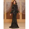 Повседневные платья Женщины черные элегантные длинные рукавы с блестками, дамская вечерняя вечеринка русалка макси -платье vestido de feta