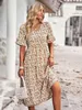 Summer Women V Neck Elegant Printed Short Sleeve High midja A Line Floral Holiday Dress 240412