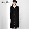 Casual Dresses MoaaYina Autumn Fashion Designer Black Vintage Knitted Dress Women's O Neck Single Breasted High Elastic Waist Slim Long