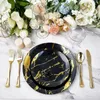 Dîner jetable 180pcs Set 30 Guest 60 Plaques en plastique noir et or tasses d'argenterie