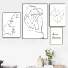 Black and White Line Drawing Couple Kiss Canvas imprimés coeur art peinture main dans la main affiche images minimalistes