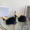 Pantofole 2024 Summer Feather Square Toe Women Fashion Genuine in pelle sexy Teli alti Chaussure Femme Size 35-40