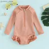 One-Pieces 6M-4T Preschool Girls Summer Swimsuit Shawl Long Sleeved Round Neck Solid Color Zipper Bikini Set Lace Swimsuit Y240412