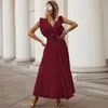 Casual Dresses Summer Leaf Sleeve Chiffon Dress Beach Belt Slim Sexy V Neck Pleated Solid Color Long Womens