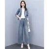 Frauen Denim 2 -Stück -Sets Outfit Frühling Autumn Casual Long Sleeve Jean Jacke Elastische Taille Weitbein Jeans Hosenanzug 4xl 240412