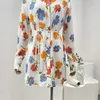 Casual Dresses 2024 White Flowers Print Long Sleeve Shirt Mini Dress