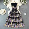 Casual jurken elegante vrouwen lange bloemenprint diepe v-neck mouwloze gelaagde vestidos slanke A-line all-matched woon-werkverkeersjurken s-2xl