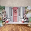 Moon.QG Photography Backdrop Pink Christmas Door Porch Snow Wreeth Tree Red Balls Bean Lamp Children Party Decoration