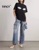 여자 청바지 tificy blue denim 바지 파괴적인 디자인 하이 허리 느슨한 찢어진 Jean Pant