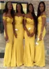 Neue gelbe afrikanische Meerjungfrau Brautjungfernkleider von Schulterfalten Rückenloser Sweep -Zug Zipper Maid of Ehrenkleid Custom 5663877