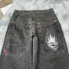 Jeans féminins hip hop gothique jnco streetwear rétro flamme skull motif brodé de harajuku lâche pantalon pantalon large pantalon