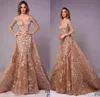 Tony Chaaya Champagne avondjurken met afneembare rok V nek sweep trein lange mouw prom jurk kanten applique illusie forma3842536