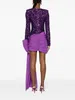 Casual Dresses Fascinating Dark Purple Sequined Mini Maxi With Side Bow Overlay O-neck Full Sleeves Shiny Sequin Women Party Dress