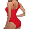 Costumi da bagno femminile bikini rosso sexy mesh giuntura monokini alta vita vedi attraverso costume da bagno push up women un abito da bagno in una spiaggia in una spiaggia 2024