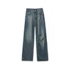 Kadınlar için kot pantolon yırtık yüksek bel 2024 mavi gevşek düğme kot pantolon vintage sokak kıyafetleri düz geniş bacak pantolon