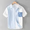 Camisas casuais masculinas 2024 Summer Patchwork Color Contrast Pocket Camisa de manga curta para fino e respirável halveveo