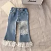 Fashion Girls Jeans Kids Splicing en dentelle Broderie Denim Flare Pantal