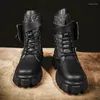 Lässige Schuhe Männer Leder Luxus -Trainer Schnüren mit Reißverschluss Flats Taschen Turnschuhe hohe Top -Knöchelstiefel Owen Schwarz große Größe