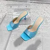 Slippare Summer Square Toe Real Leather Crystal High Heel Women Fashion Sexy Thin Party Ladies Stiletto 2024