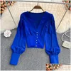 Womens Blouses Shirts Korean Fashion Blouse Women V-Neck Chiffon Lantern Sleeve Tops Female Single Breasted Autum Blusa Mujer Drop Del Dhzqt