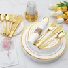 Одноразовая посуда 175pcs Gold Sware Satwed для 25 гостей, чтобы использовать тарелки десерт и чашки.