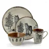 Plates Elama Round Stoare Cabin Dinnerware Dish Set 16 Piece Wolf Design With Warm Taupe And Brown Accents