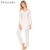 Heimkleidung Ekouaer Frauen Nachtwäsche Pyjama Set Long Sleeve Lace Patchwork gegen Nackenbluse mit losen Hosen Pyjama Nachtwäsche Herbst Winter Winter