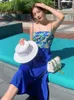 Robes décontractées vintage Elegant Sexy Club Slip pour femmes Patchwork floral bleu package sans arrière