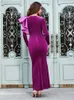 Casual Dresses Sexy O Neck Ruffle Trim Long Sleeve Dress Women Purple Ruffled Velvet Design Slim Maxi Evening Party Runway Vestidos