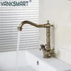 Bathroom Sink Faucets YANKSMART Deck Mounted Antique Brass Faucet Dual Cross Handle 360 Swivel Basin & Cold Mixer Water Tap