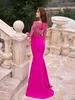 FUCHSIA Mermaid Mermaid Madre of the Bride Mangas de mangas largas Vestido de invitado de la boda Bateau Escote de la noche 415