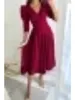 カジュアルドレス夏の女性ファッション通勤ソリッドカラーvネックウエストパフスリーブビッグスイングドレス