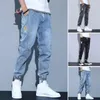 Men's Pants Men Jeans Winter Plush Lined Drawstring Elastic Waist Denim Trousers Casual Pockets Loose Male Cuffed