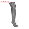 Boots Microfiber Bling Pointed Toe Thin High Heel Back Zipper Over The Knee Sexy Women Autume Winter Party Dress Shoes