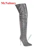 Bottes Microfibre bling pointu pointu mince talon haut dos à la glissière sur le genou sexy femme autorise les chaussures robes de fête d'hiver