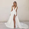 Sexy Long Satin V-Neck Robes de mariée avec fente / poches A-Line Ivory Sweep Train Vestido de Novia Zipper Back Bridal Bridal Bounds for Women