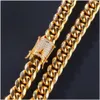 Bracelet & Necklace 12Mm Crystal Zircon Stainless Steel Cuban Chain Gold Diamond Link Necklaces For Men Nightclub Hip Hop Fashion Jew Dhj9E