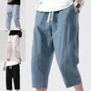 Męskie spodnie letnie bryczesy swobodne bawełniane i lniane luźne koreańskie trend w stylu dziewięciopunktowe proste spodnie 4xl