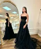 Gorgeous black a line prom dress strapless tulle evening dresses elegant unique skirt design backless formal dresses for women