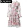 Casual Dresses ILYBOOJUN Fashion Women's Vintage Mesh Stand-Up Collar Long-Sleeved Tiered Flounced Edge Hollow Out Short Gown Mini Dress