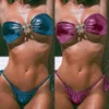 24 Jahre sexy trägerloser Split Bikini Blue Glossy Gold Searfish Badeanzug für Frauen