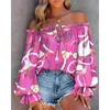 Kvinnor utanför axelskjorta Blus Summer Floral Print Casual Long Sleeve Tops Tshirt V Neck Retro Ethnic Style Loose 240412