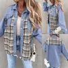 Kvinnorjackor Fashion Loose Plaid Splicing Jacket Denim Coat for Woman Fall Korean Style Single Breasted Slim Outwear 2024 kläder