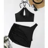 Women's Swimwear Black Bikini Thong Halter Cut Out Mesh Skirt Swimsuits Women Sexy Bikinis Sets Mujer 3 Pieces Bathing Suit Beach Outfit