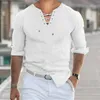 Casual shirts voor heren Fashion Tie Kraag Top eenvoudig Design comfortabel solide kleuren shirt verbanden met lange mouwen Playeras para Hombres