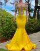 Beaded Yellow Satin Prom Dresses for African Girls 2024 Sexy Backless Appliques Mermaid Sequins Crystals Formal Evening Special Occasion Party Gowns